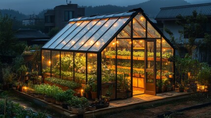 Aufkleber - A beautifully lit greenhouse at night reveals a flourishing urban farm. The structure features vertical gardens and hydroponic systems, promoting sustainability and food self sufficiency.