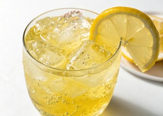 Aufkleber - glass filled with yellow-colored fizzy drink, ice cubes, and lemon slices.