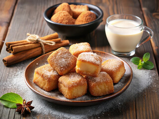 Poster - plate of sugar-coated pastries, bowl of milk, cinnamon sticks, and sprig of mint on wooden table.