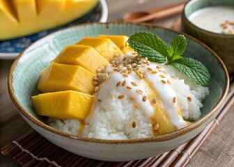 Poster - bowl of rice topped with mango slices and coconut cream, garnished with mint leaves.