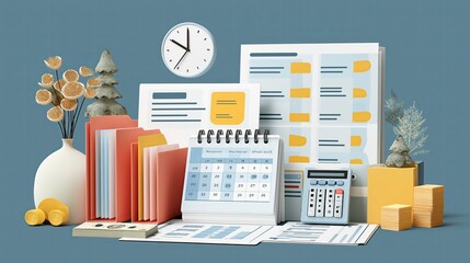 Fototapete - Tax planning visualization with files, money, and calendar