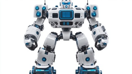 Poster - Powerful Futuristic Robot Design White Blue Technology Strong Mechanical Artificial Intelligence Modern Cyborg Powerful Machine Advanced Robotic Innovation Digital 3D Render Strong Powerful Futuristic