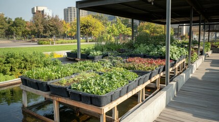 Aufkleber - Urban farming takes center stage with hydroponic systems growing fresh produce on elevated platforms. This green initiative fosters sustainability and eco friendly living in the city.