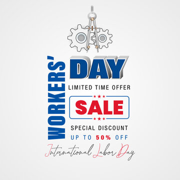 Holidays, design background with handwriting and 3D texts, compass and gear mechanism for International Workers' day sales and commercial events; Vector illustration.