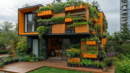 Poster - This eco friendly home features lush vertical gardens that promote urban farming and self sufficiency within a vibrant, renewable design. Nature and architecture blend seamlessly.