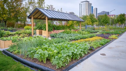 Aufkleber - Lush green garden space features a variety of crops, promoting self sufficiency through urban farming methods, including hydroponics and vertical farming, in a modern city setting.