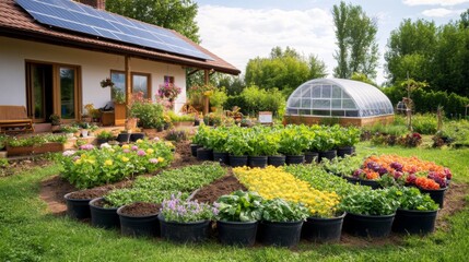 Aufkleber - A vibrant urban garden showcases various crops in pots, surrounded by solar panels and a greenhouse, highlighting sustainable agriculture and self sufficiency for eco friendly living.