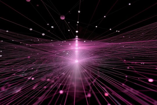 Dynamic visualization of abstract data representing interconnected networks in a vibrant pink hue