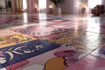 Poster - Colorful decorative floor tiles create a vibrant and artistic atmosphere in a modern interior space, showcasing intricate patterns and designs
