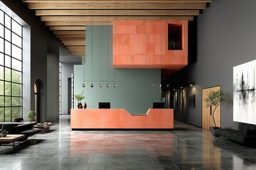 Poster - Modern reception area with stylish design and spacious layout showcasing artistic elements during daytime