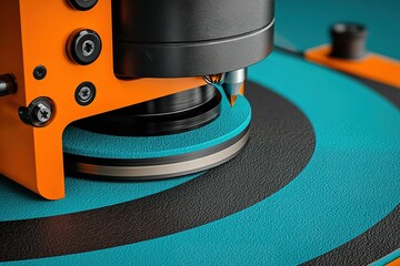 Poster - Cutting machine working on precision tasks in a modern workshop with vibrant colors
