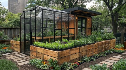 Aufkleber - A modern vertical hydroponic greenhouse stands in an urban garden, designed for self sufficiency and sustainable agriculture, surrounded by lush greenery and flowers.
