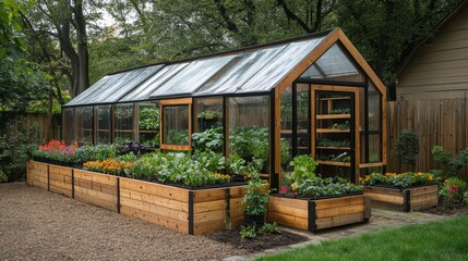 Aufkleber - Beautifully designed greenhouse showcases renewable urban farming techniques, featuring vertical and hydroponic systems surrounded by vibrant plants and flowers.