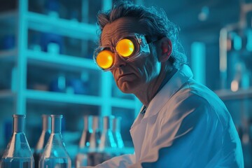 Poster - Scientist in laboratory with glowing goggles conducting experiments at night