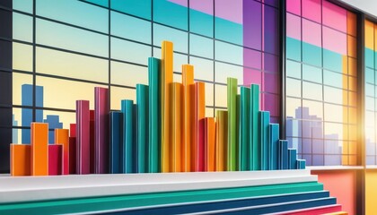 Fototapete - Vibrant Colorful Bar Graph on Multi-tiered Platform Depicting Growth Against Stylized Cityscape Background with Geometric Window Design Elements