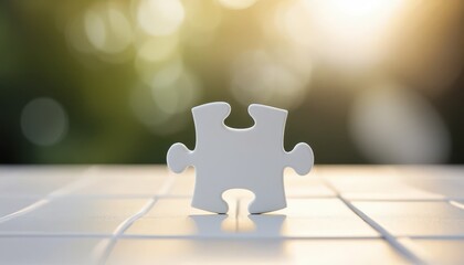 Poster - Single White Puzzle Piece on White Tile Surface with Blurred Green Foliage and Soft Sunlight Creating a Calming and Minimalistic Background Scene