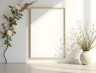 Poster - A white rectangular photo frame sits on a wooden table