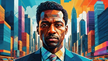 Aufkleber - Stylized Portrait of Serious Black Man in Suit Over Vibrant Geometric Cityscape Influenced by the Dynamic Energy of New York City
