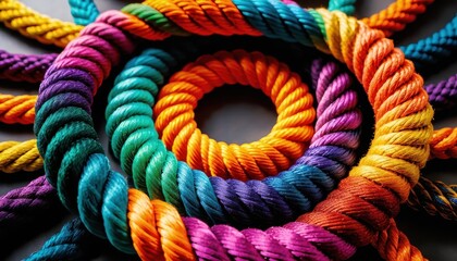 Aufkleber - Vibrant Collection of Colorful Ropes Arranged in Concentric Circles on Dark Gray Background Creating a Striking Visual Contrast and Appealing Design