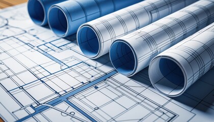Poster - Four Rolled Blueprints on Larger Unfolded Blueprint Displaying Architectural and Enginee Designs in Various Shades of Blue and Intricate Details