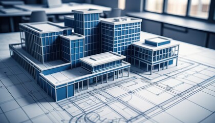 Poster - Architectural model of a modern building complex displayed atop blueprints in a bright, professional office setting highlighting design process and creativity