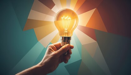 Aufkleber - A hand holds a glowing lightbulb symbolizing inspiration against a vibrant backdrop of colorful geometric shapes radiating creativity and new ideas