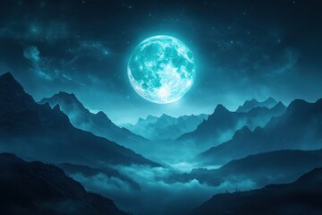 Poster - Nighttime mountain landscape with luminous moon and starry sky creating a mystical atmosphere above the rugged peaks