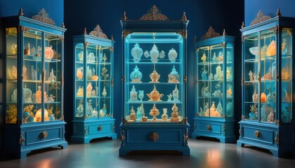 Fototapete - Three Ornate Teal-Blue Display Cabinets Illuminated from Within Showcasing Delicate Glowing Glass Objects Against a Deep Blue Backdrop