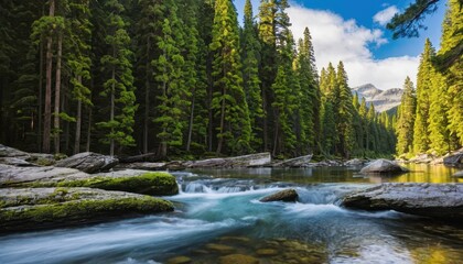 Poster - A Tranquil Journey Along a Serene River Flowing Through a Lush Evergreen Forest with Cascading Water and Mountains Beneath a Partly Sunny Sky