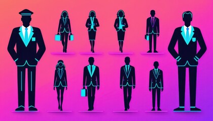 Leinwandbilder - Stylized Silhouettes of Twelve Business Professionals Including Chauffeurs Against a Vibrant Gradient Backdrop in a Digital Illustration Format