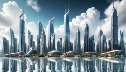 Poster - Stunning cityscape featu modern skyscrapers reflected in calm water under partly cloudy sky creates a mesmerizing urban landscape of tranquility and beauty