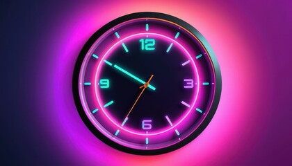 Fototapete - Stylish Round Clock with Neon Pink and Teal Accents Glowing on Dark Purple Wall Indicating Time of 7:55 in a Contemporary Interior Design Setting