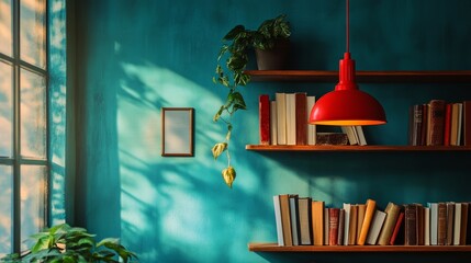 Fototapete - Artistic space with a pop of color from books and lighting, red pendant lamp casting glow on blue wall and book-filled shelf