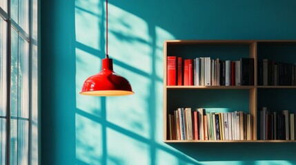 Fototapete - Artistic space with a pop of color from books and lighting, red pendant lamp casting glow on blue wall and book-filled shelf