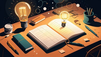 Poster - A cozy desk at night featu glowing lightbulbs, an open planner, and various stationery items creating a warm and inviting ambiance of productivity