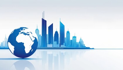 Poster - A modern globe illustration showcasing a city skyline reflected in serene water, symbolizing connectivity and urban evolution in a vibrant world