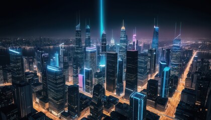 Fototapete - Futuristic Cityscape at Night with Neon Lights and Towe Light Beam Illuminating Skyscrapers and Vibrant City Streets in a Dazzling Urban Scene