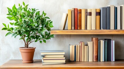Poster - Clean and bright workspace with a modern bookshelf, books arranged by size, and a potted plant adding freshness
