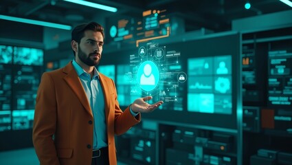 Poster - A modern man in a orange suit interacting with a futuristic digital interface