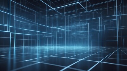 Aufkleber - Abstract blue digital lines forming a futuristic 3D room, creating a sense of depth and technological innovation. The room has bright glowing edges with a dark background.