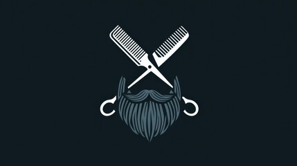 Aufkleber - Stylized Beard Logo Featuring Crossed Scissors and Comb on a Dark Flat Background