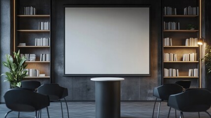 Fototapete - Empty podium stands at the center of a modern office setup, framed by minimalist chairs, a tall bookshelf, and a white projector screen