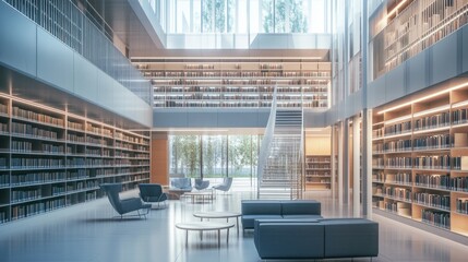 Poster - Interior view of a quiet, contemporary public library with soft lighting, minimal furnishings, and abundant natural light