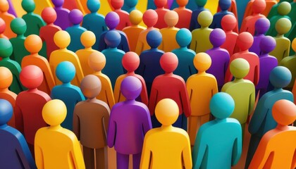 Aufkleber - A Diverse Crowd of Simplified 3D Human Figures in Multicolor, Viewed from Above, Representing Unity, Community, and Global Diversity Conceptually