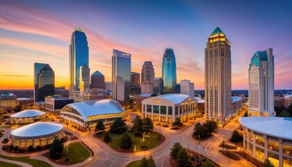 Poster - Panoramic View of Charlotte North Carolina Skyline at Sunset with Modern Skyscrapers and Cityscape Captured in Twilight Glow Overhead