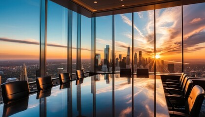 Poster - Modern High-Rise Conference Room with Polished Table Reflecting Beautiful Sunset Over Cityscape Through Floor-to-Ceiling
