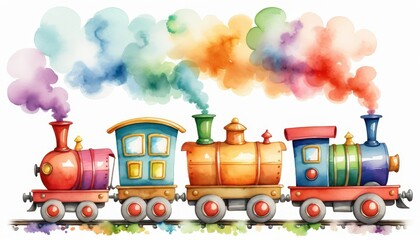 Poster - Whical Watercolor Painting of a Cheerful Train with Four Unique Locomotives Chugging Along Tracks Emitting Rainbow-Hued Vibrant Smoke Effects