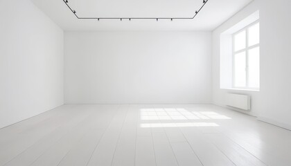 Poster - A minimalist empty room featu pristine white walls and floors adorned with a single window complemented by modern track lighting design elements