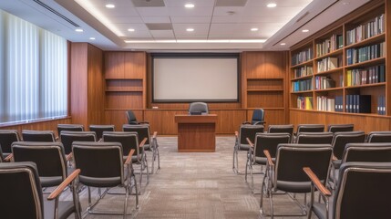 Poster - Modern training room featuring a podium in focus, surrounded by a minimal furniture layout, large bookcase, and pull-down screen