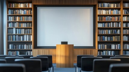 Poster - Modern training room featuring a podium in focus, surrounded by a minimal furniture layout, large bookcase, and pull-down screen